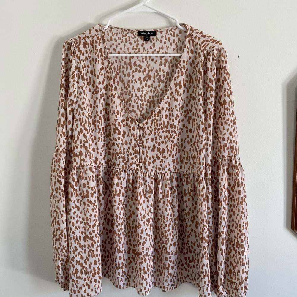 Mittoshop Womens 2X Animal Print Babydoll Blouse V-Neck Balloon Sleeve Top Brown